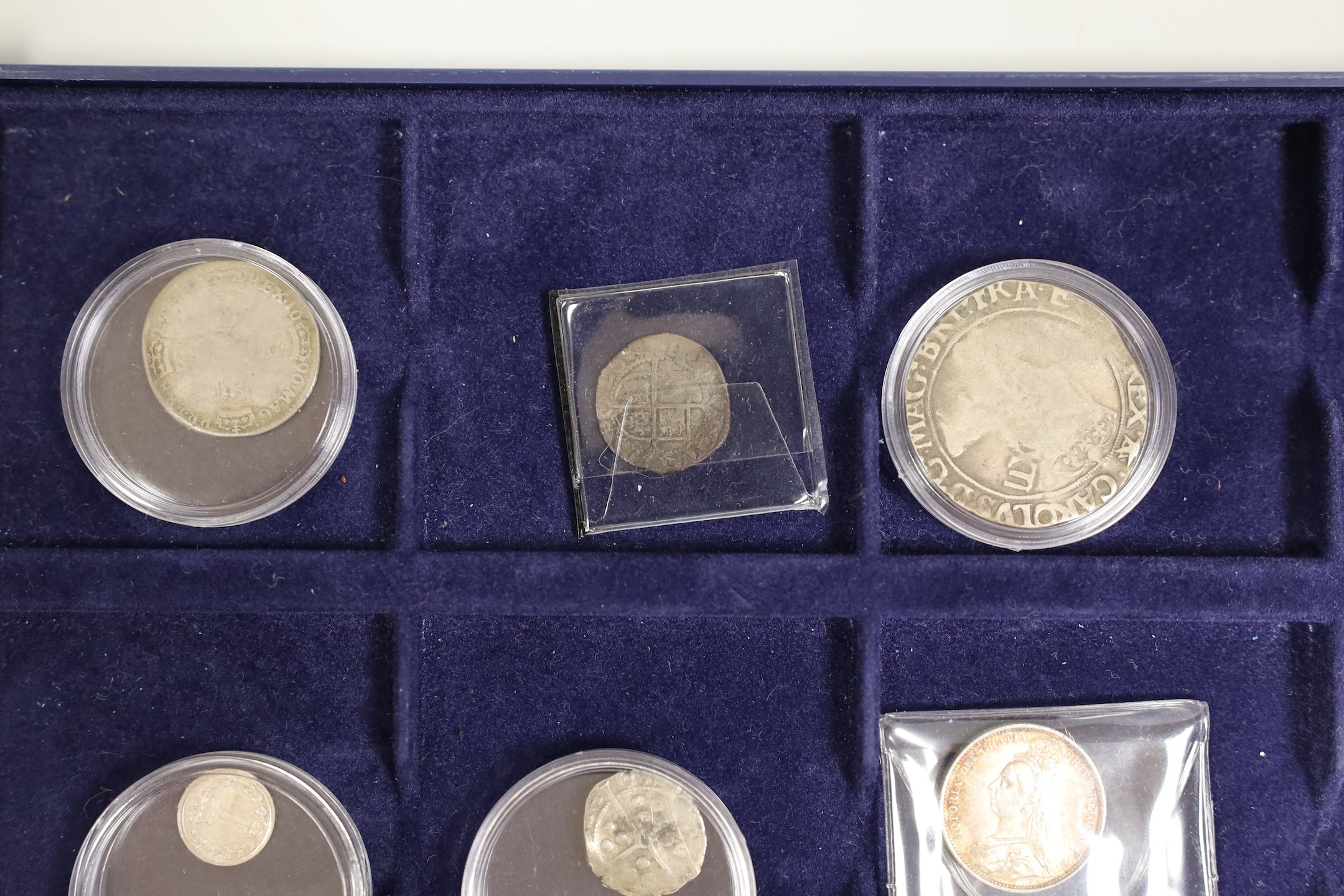 George V penny 1930, UNC, Victoria halfpenny 1887, lustrous UNC, George III farthing 1806, about EF, George IV silver 1d, UNC, Charles I shilling, Elizabeth I threepence, William III sixpence 1696 and other coins (10)